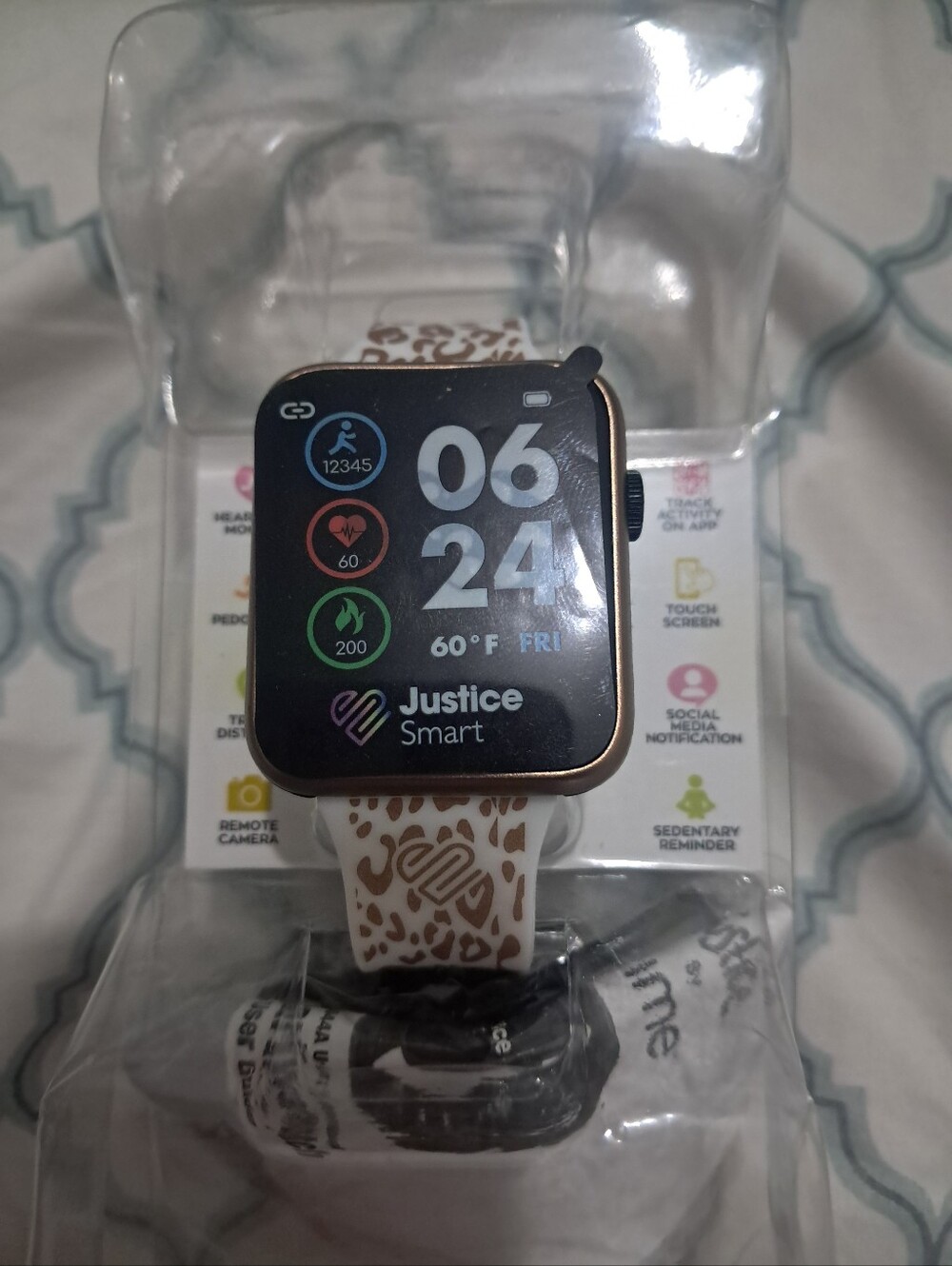 Justice Gold-Trim Smartwatch with White Leopard-Print Band